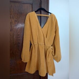 ASOS Mustard Corduroy Balloon Sleeve Mini Wrap Dress 100% Cotton